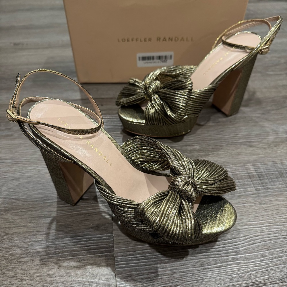 Loeffler Randall Natalia Fabric Pleated Bow Gold Platform Sandal Heels